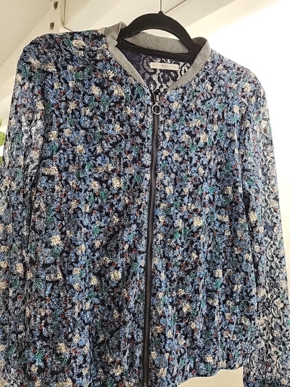 Edc Floral Blue Zip-Front Pea Coat - Picture 2 of 11